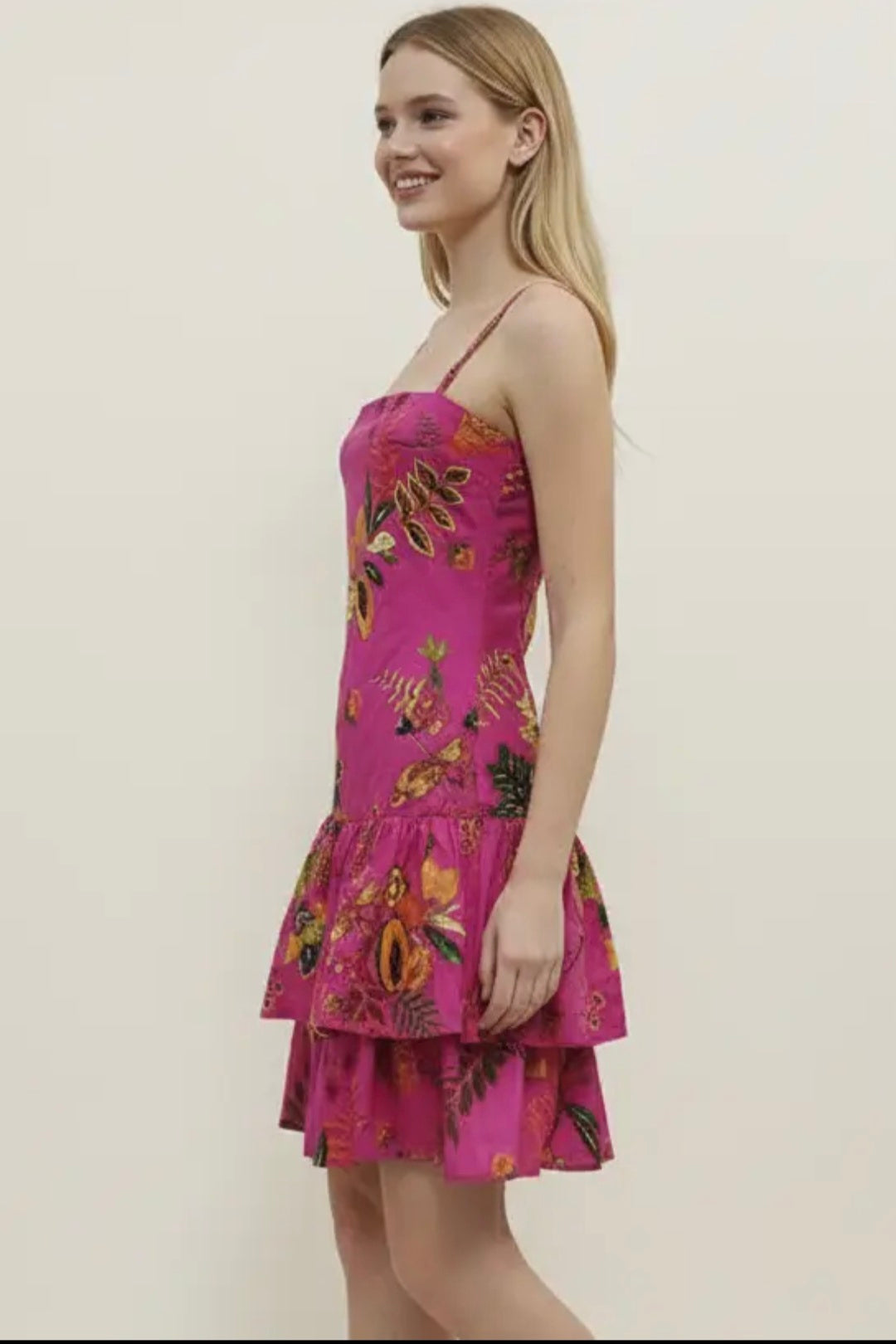 Tropical Fruit Print Mini Dress - Super Pink