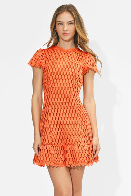 Kayla Flutter Sleeves Lace Mini Dress - Orange