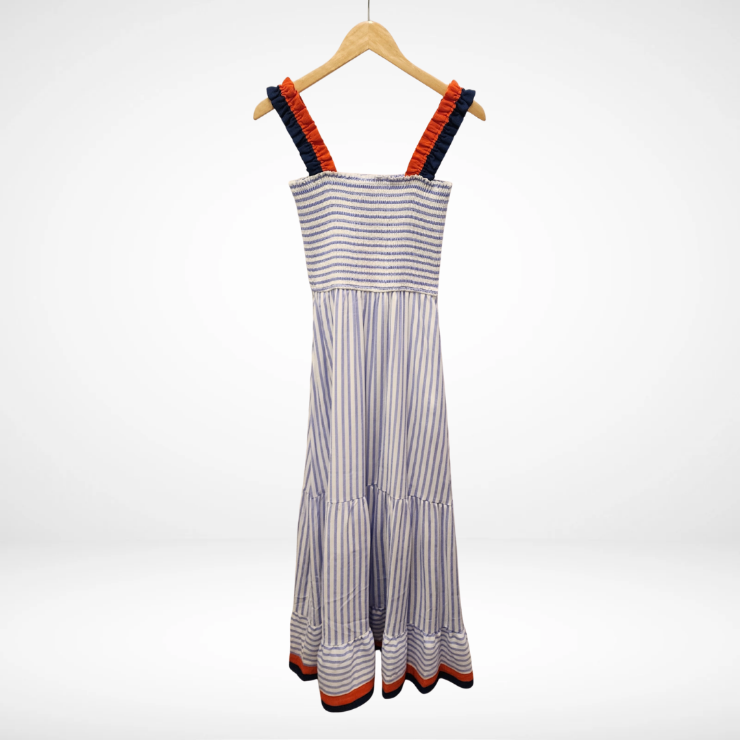 Ruffled Thin Strap Striped Tiered Midi Dress - Light Blue
