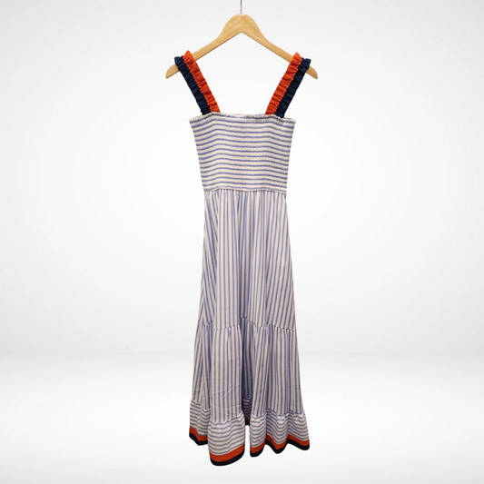 Ruffled Thin Strap Striped Tiered Midi Dress - Light Blue