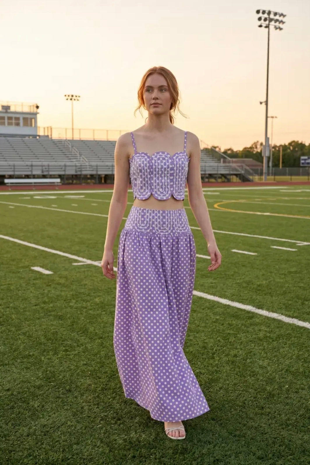 Trim Appliqué Crop Top and Polka Dot Maxi Skirt Set - Purple/White