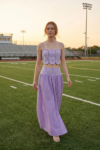 Trim Appliqué Crop Top and Polka Dot Maxi Skirt Set - Purple/White
