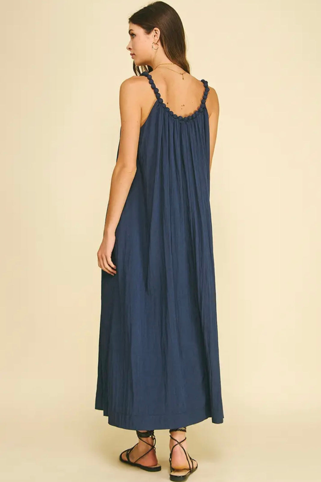 Solid Maxi Dress with Ball Trim Neckline - Deep Navy