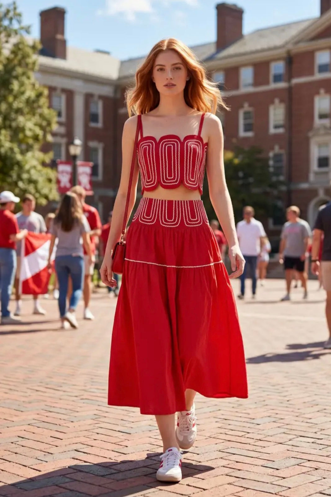 Exclusive Lace Trimmed Top & Skirt Set - Red/White