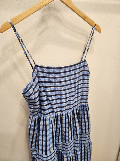 Thin Strap Striped Pattern Tiered Dress - Blue