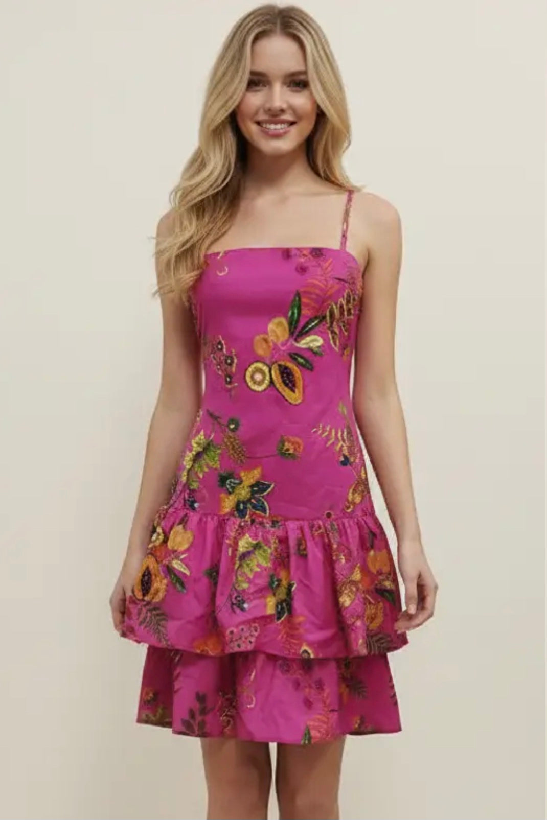 Tropical Fruit Print Mini Dress - Super Pink
