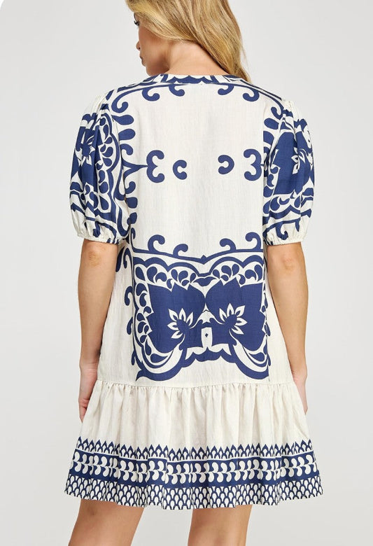 Border Print V-Neck Tunic Mini Dress - Blue/White