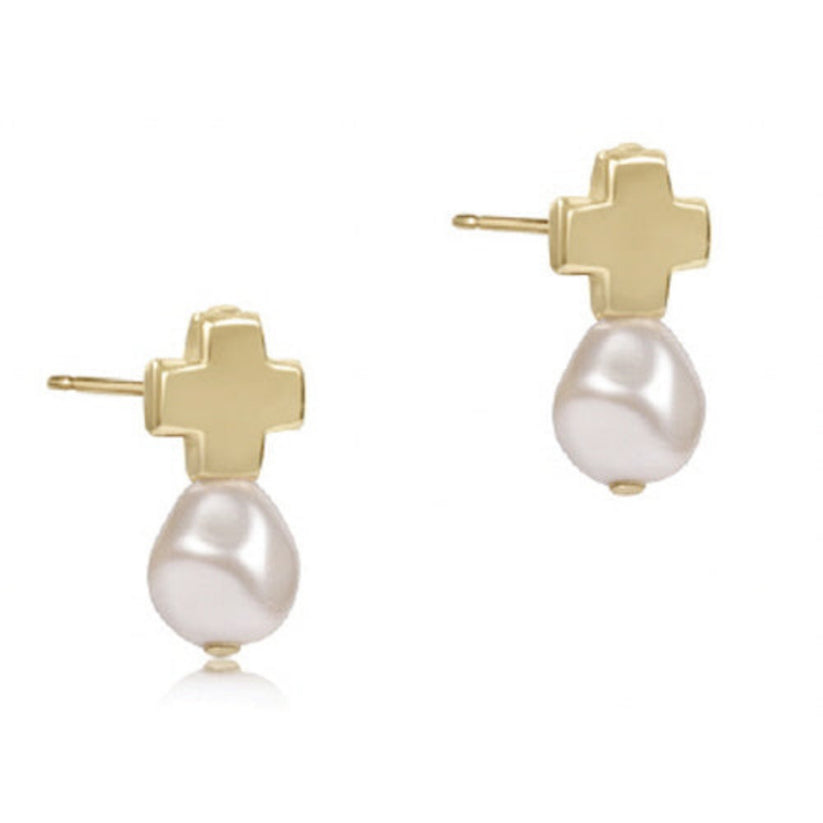 Signature Cross Gold Studs - Classic Pearl