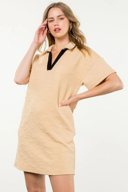 THML - Short Sleeve Textured Midi Dress - Beige