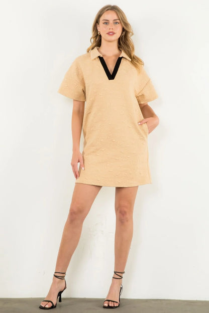 THML - Short Sleeve Textured Midi Dress - Beige