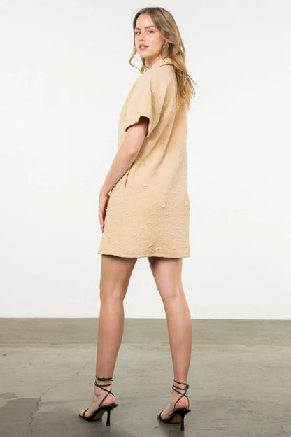 THML - Short Sleeve Textured Midi Dress - Beige