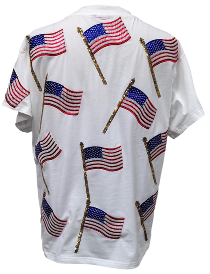 Queen of Sparkles - White Scattered Metallic American Flag Tee