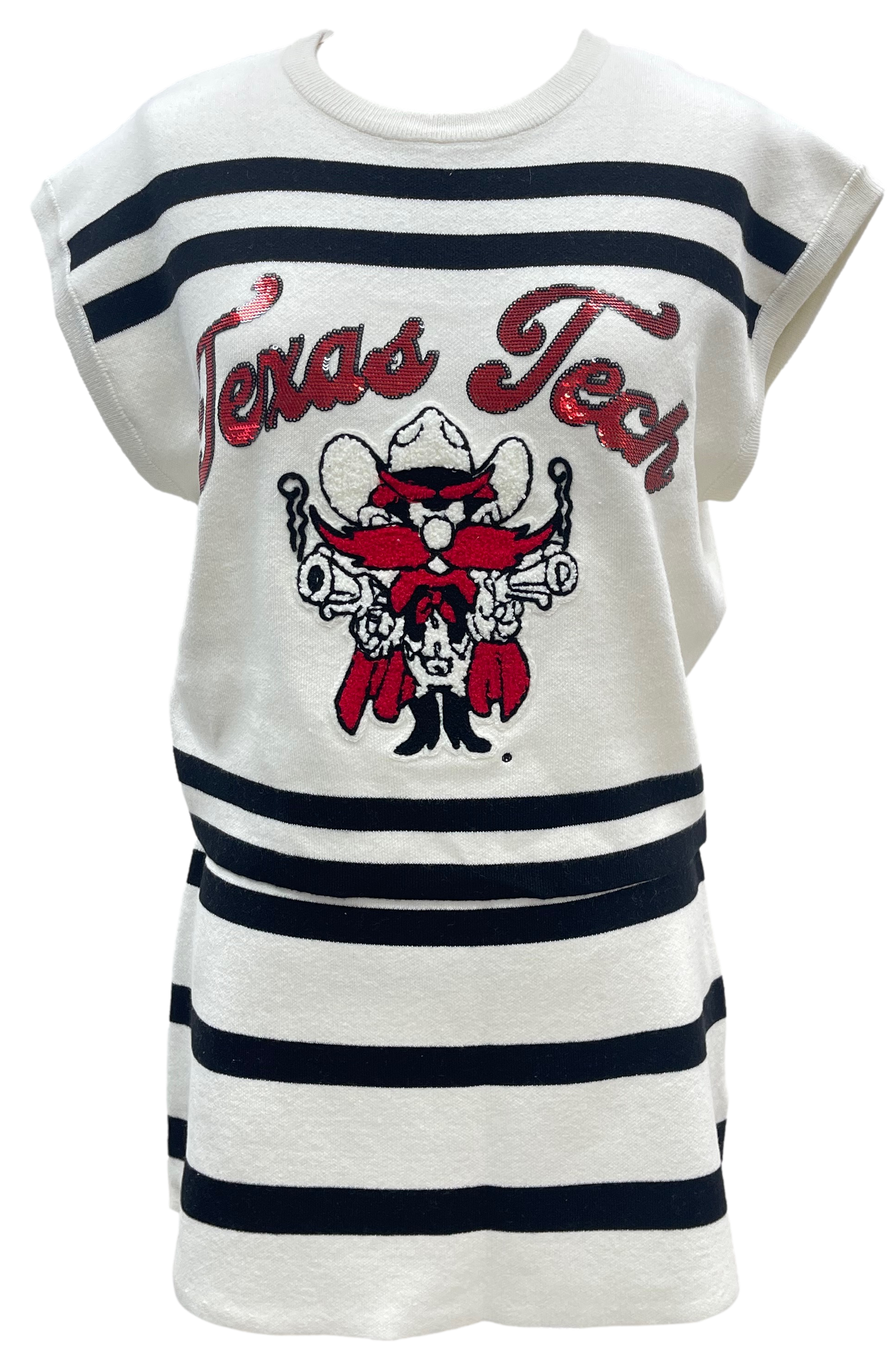 Queen of Sparkles - White, Black & Red Texas Tech Stripe Short Sleeve Top