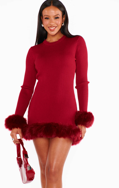 Show Me You Mumu - Fran Mini Dress - Cranberry Rib with Faux Fur