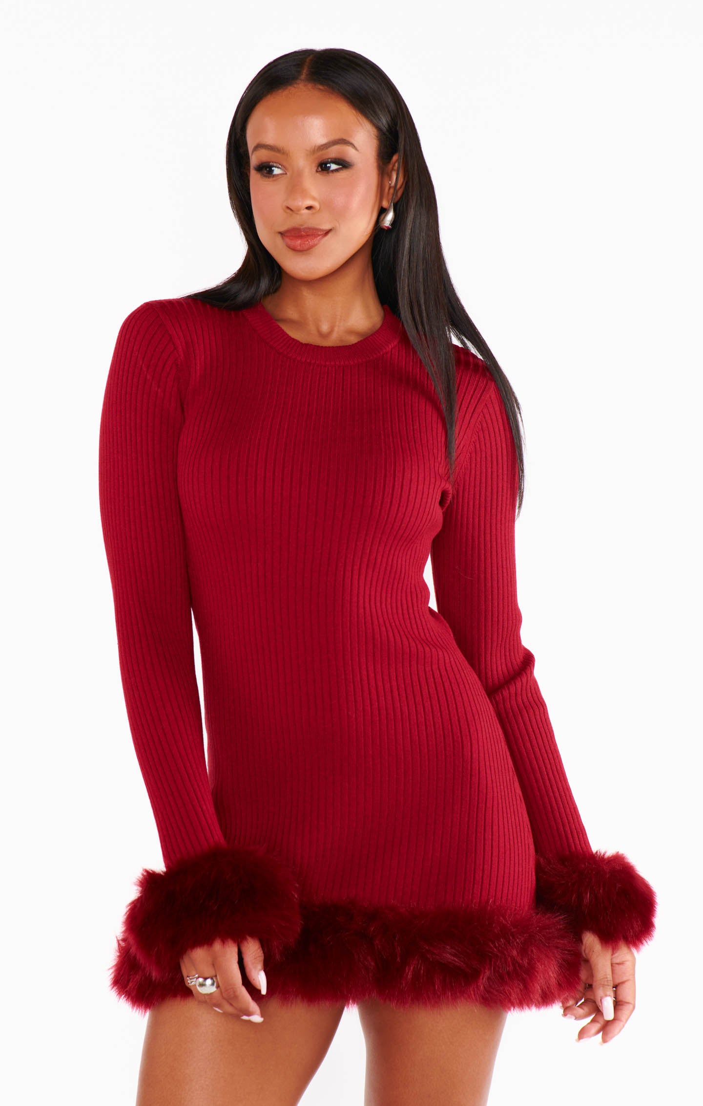 Show Me You Mumu - Fran Mini Dress - Cranberry Rib with Faux Fur