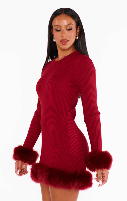 Show Me You Mumu - Fran Mini Dress - Cranberry Rib with Faux Fur