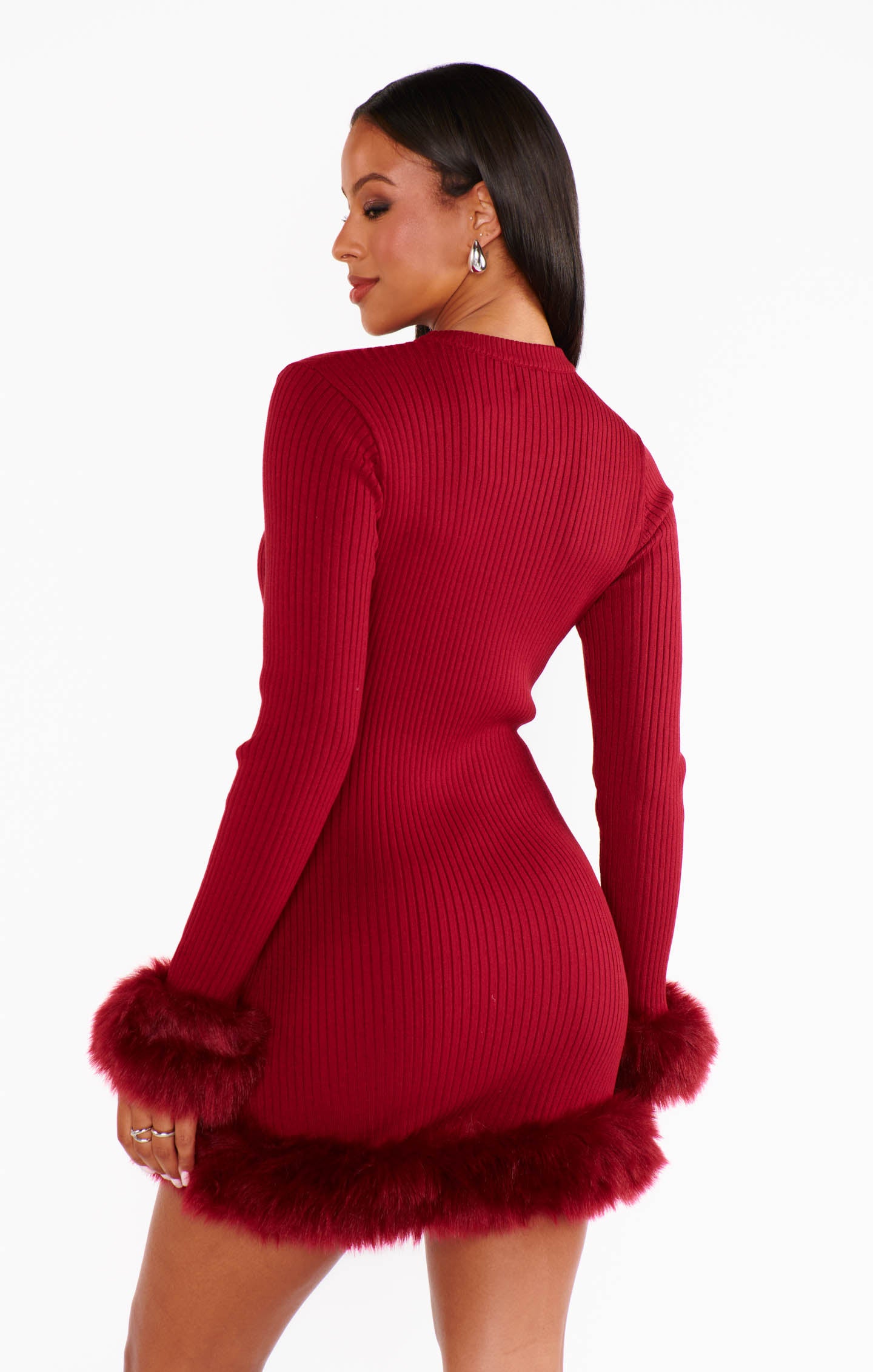 Show Me You Mumu - Fran Mini Dress - Cranberry Rib with Faux Fur