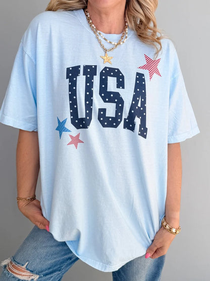 USA Dots & Stars Graphic Tee - Chambray