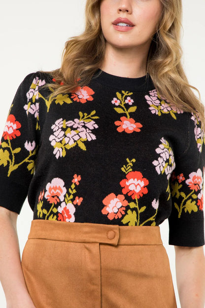 THML - Short Sleeve Flower Knit Top - Black