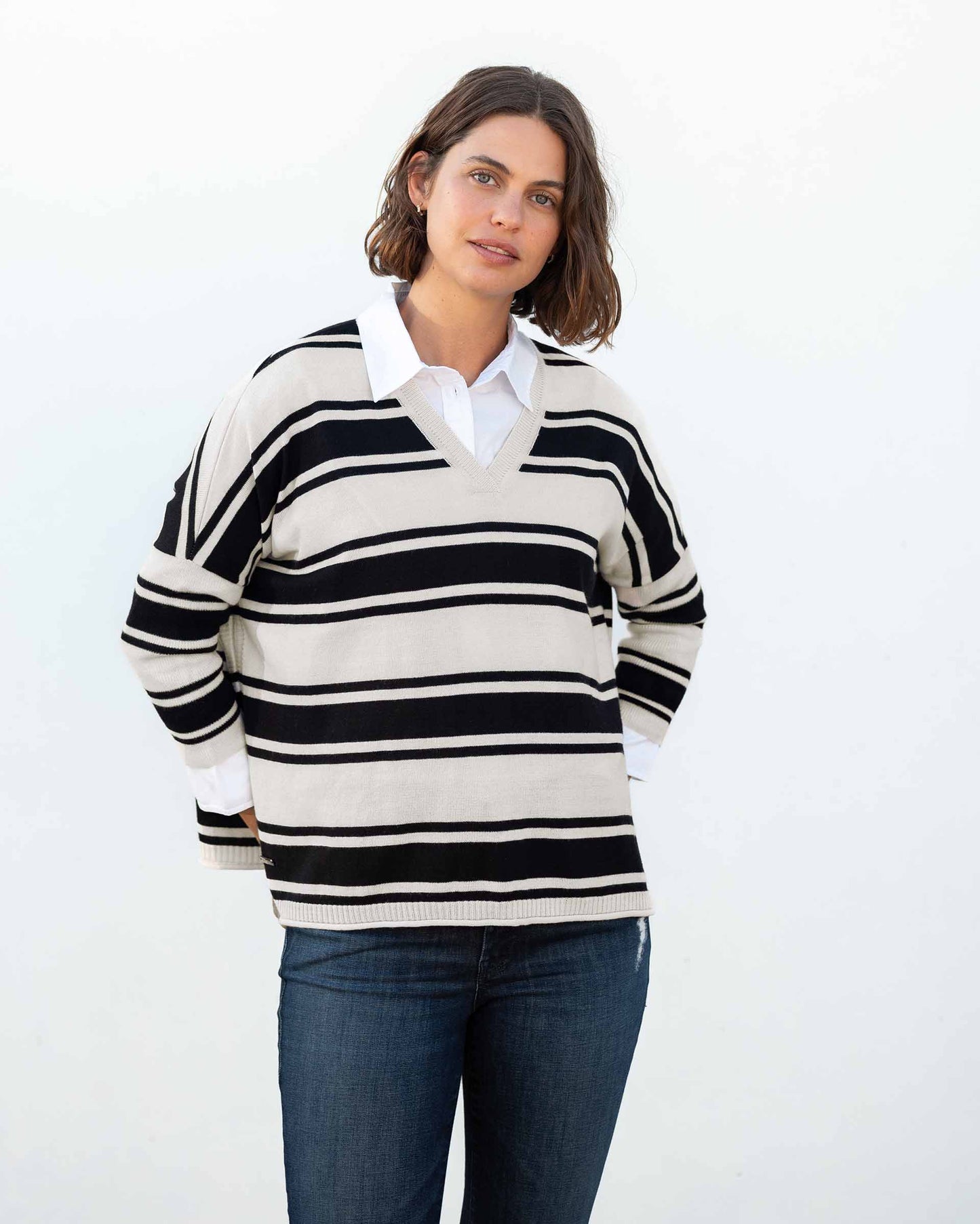 MerSea - Catalina V-Neck Sweater - Bone/Black Stripe