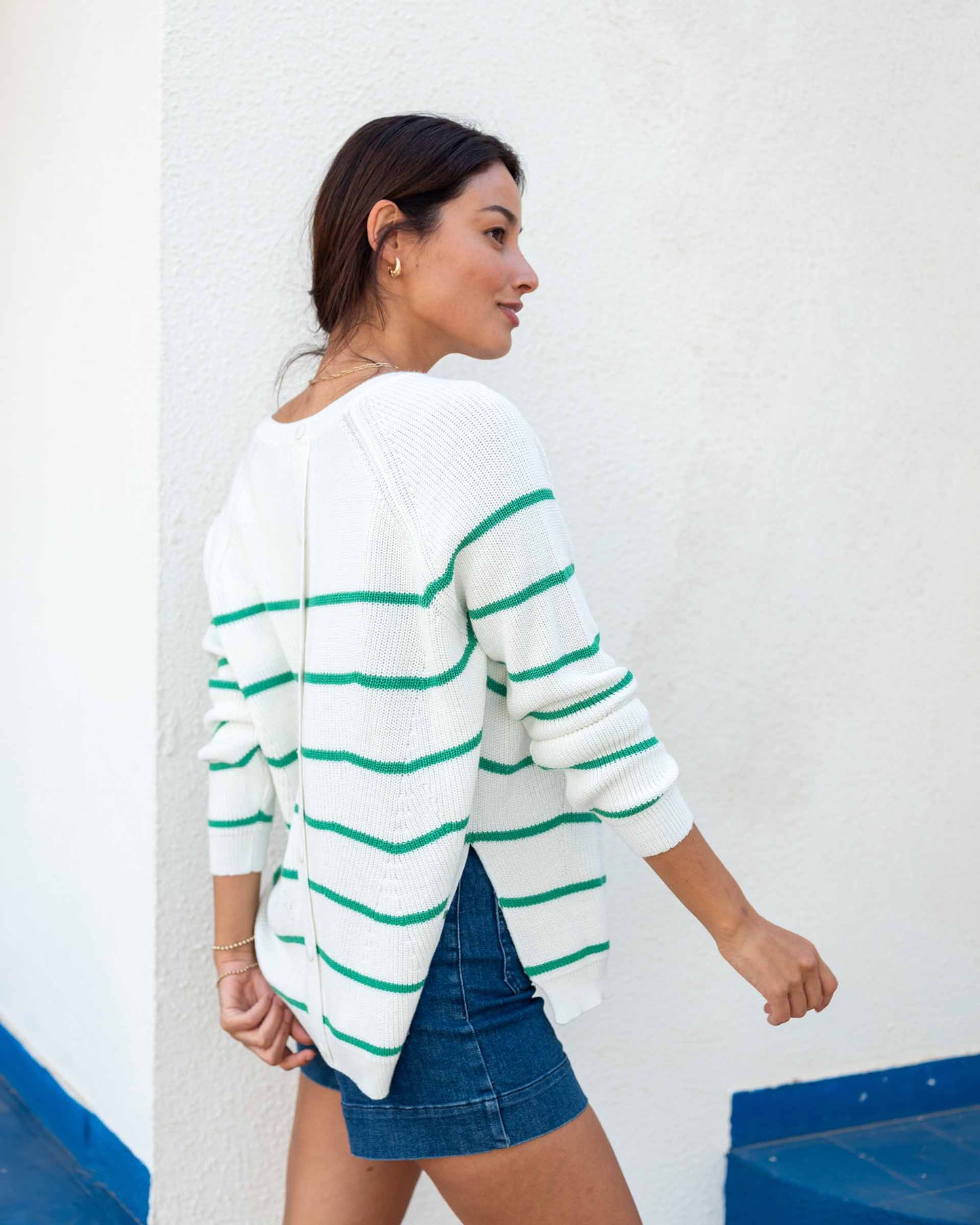 MerSea - Camden Crewneck Sweater - White/Jade Stripe