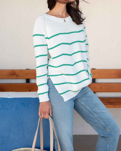 MerSea - Camden Crewneck Sweater - White/Jade Stripe